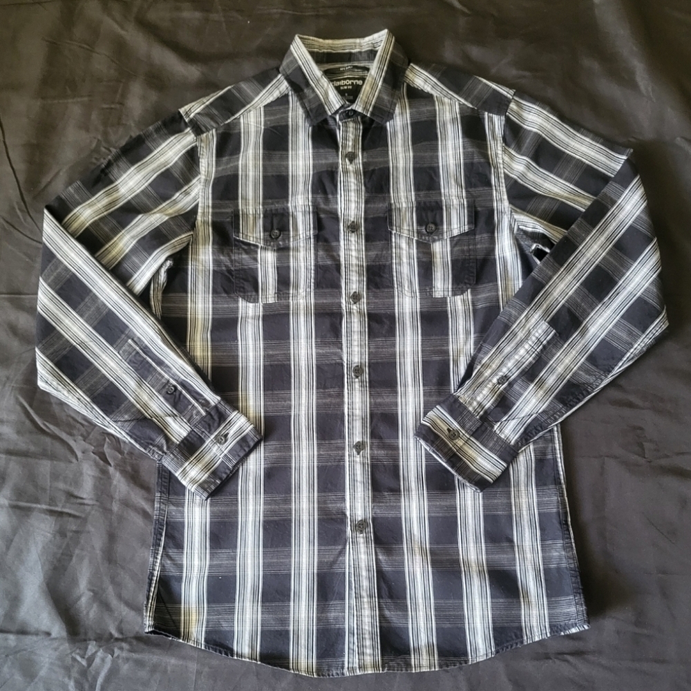 Vintage Claibourne Slim-Fit Black/White Plaid Button Dress Shirt Men Size Small